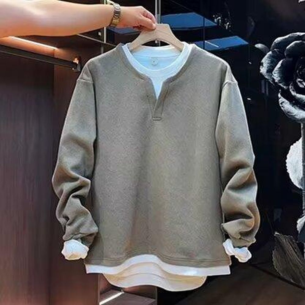 Men's Solid-Color V-Neck Casual Hoodie