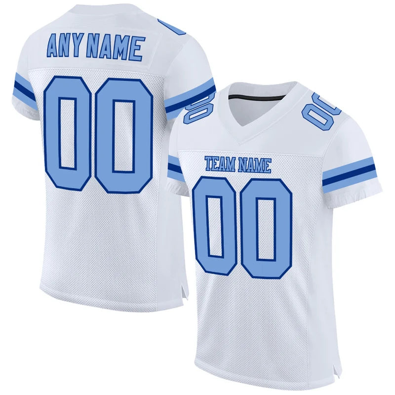 Custom White Light Blue-Royal Mesh Football Jersey